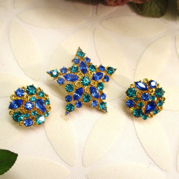 Vintage MJENT Star and Moon Rhinestone Gold Plate Brooch Earrings Designer Set - Picture 2 of 14